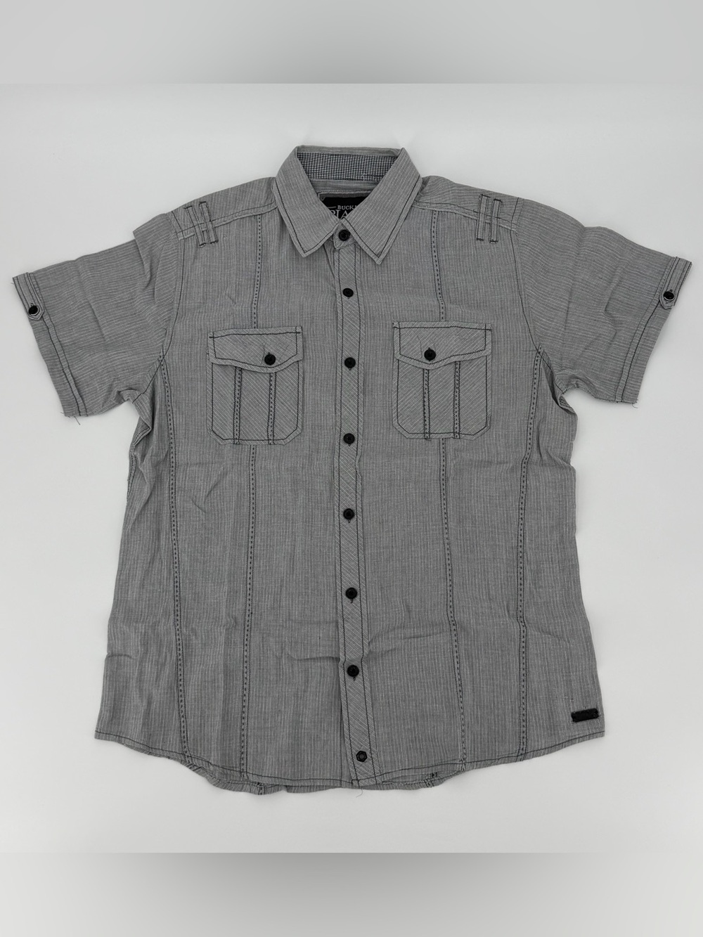 Buckle Black Men's Gray Short Sleeve Button-Down Slim Fit Shirt Size M